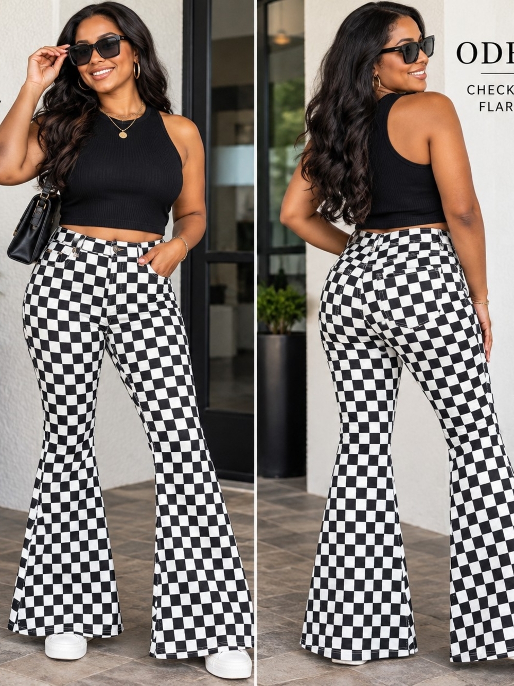 Odefou Checkerboard Bell Bottom Flare Jeans Black White Size 12 NWT Y2K